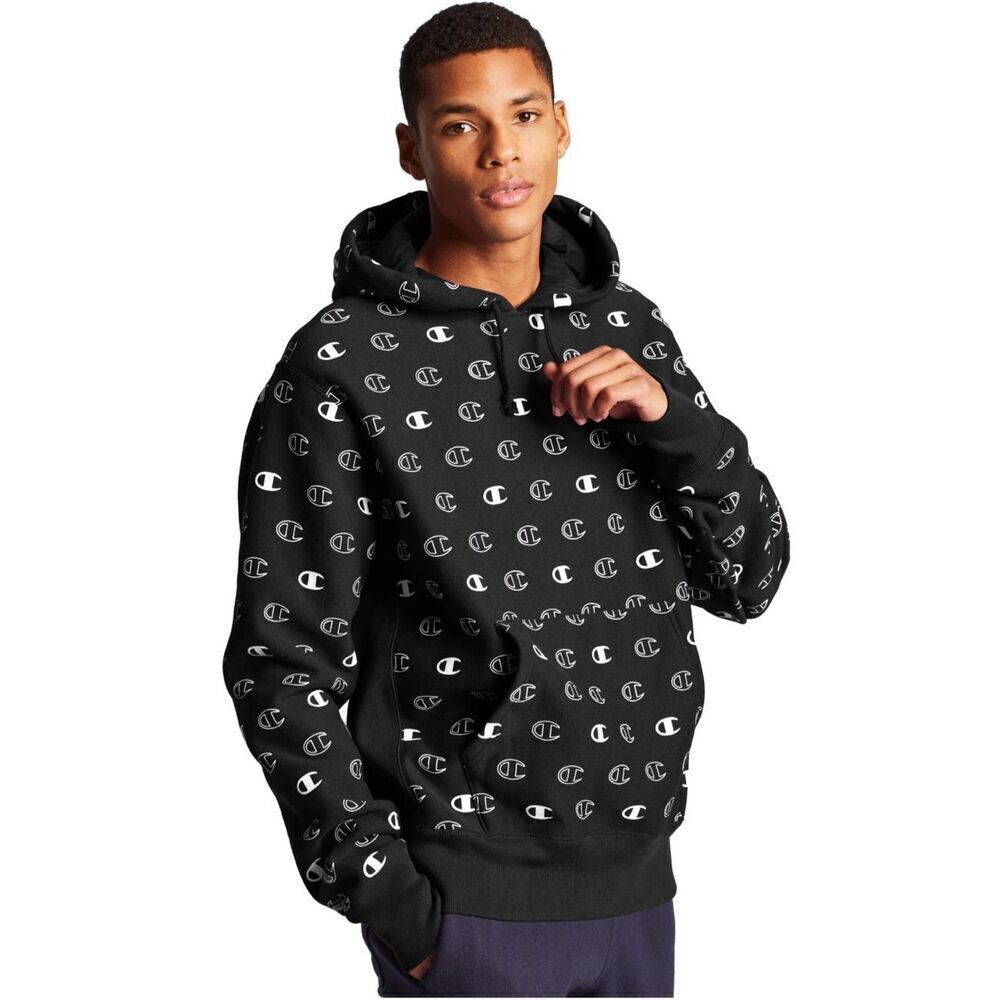 Champion Reverse Weave Black All Over Logo C Hoodie sz S NWOT
